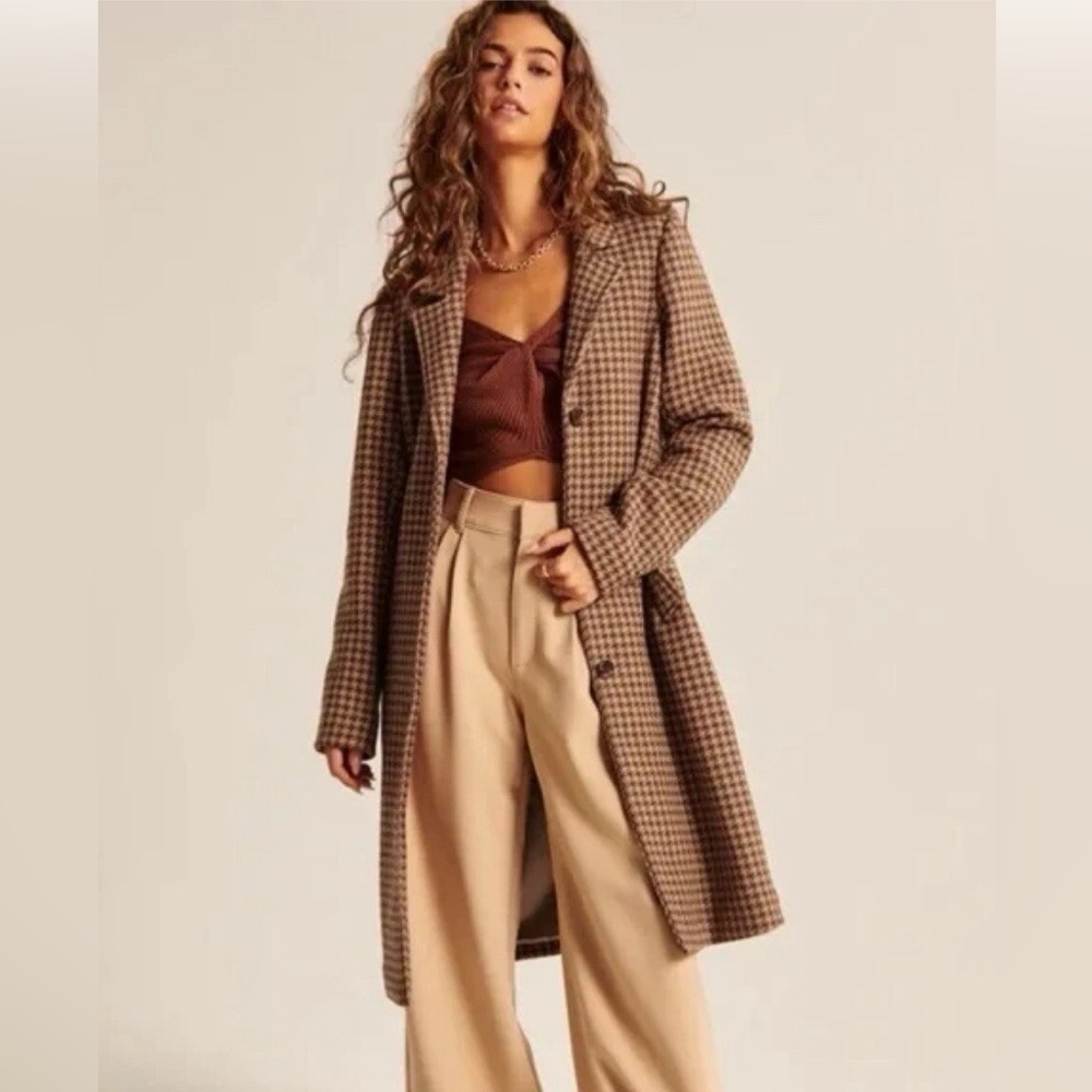 Abercrombie & Fitch Wool Blend Houndstooth  Long Dad Pea Coat  XXS Runs Big
